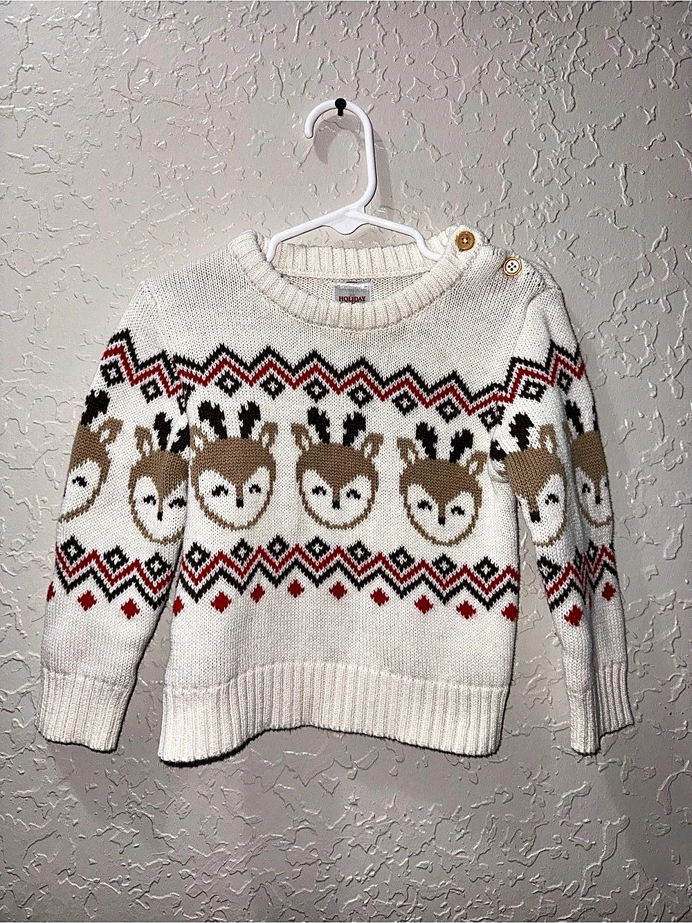 Holiday Time Toddler 2T Cream Reindeer Fair Isle Knit Sweater Shoulder Buttons